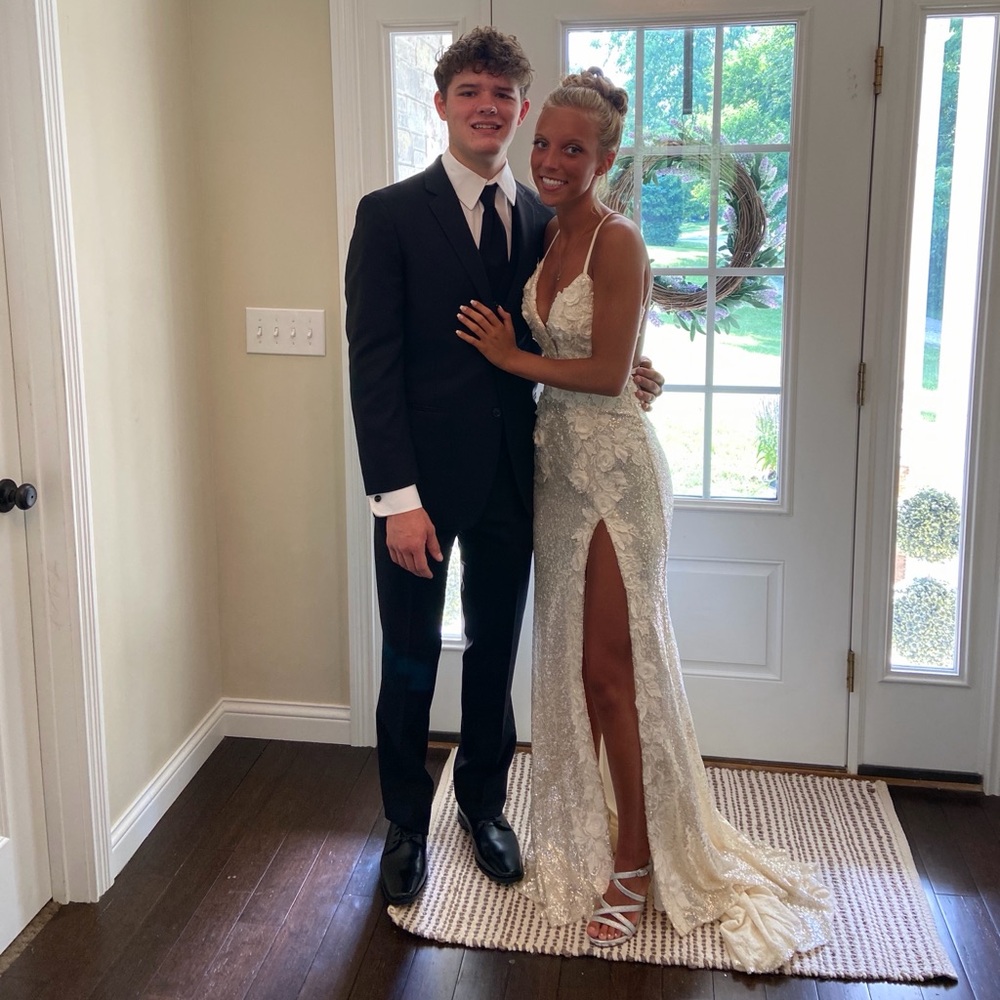 Jovani Ivory Lace Dress with Slit